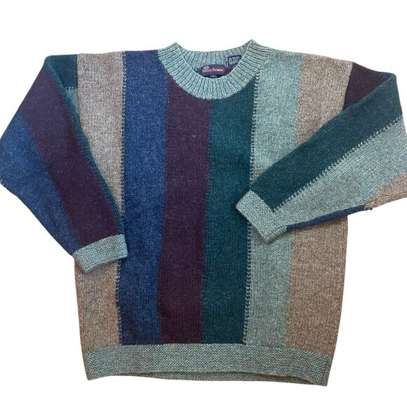 VTG Shetland Sweater Mens L Striped ColorBlock 100% Wool Hong Kong Holiday Gift - Picture 6 of 10